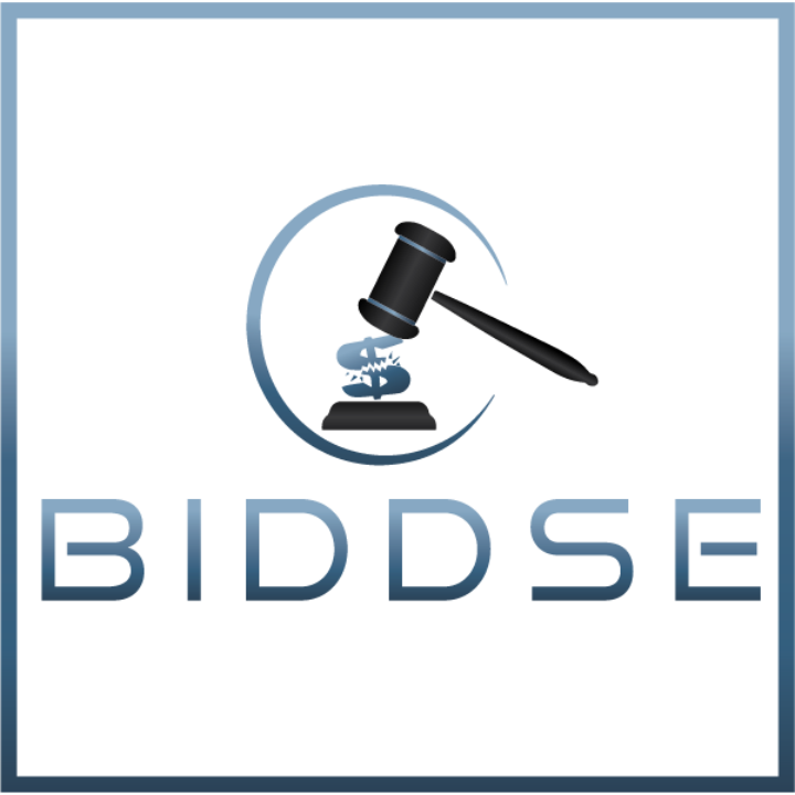Biddse logo auction symbol with money sign being hammered by gavel.
