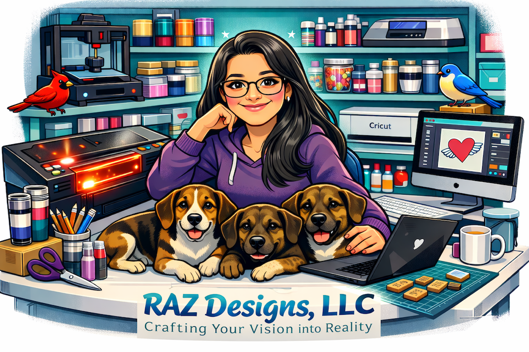 Rhonda from RAZ Designs with her three dogs in her craftroom.